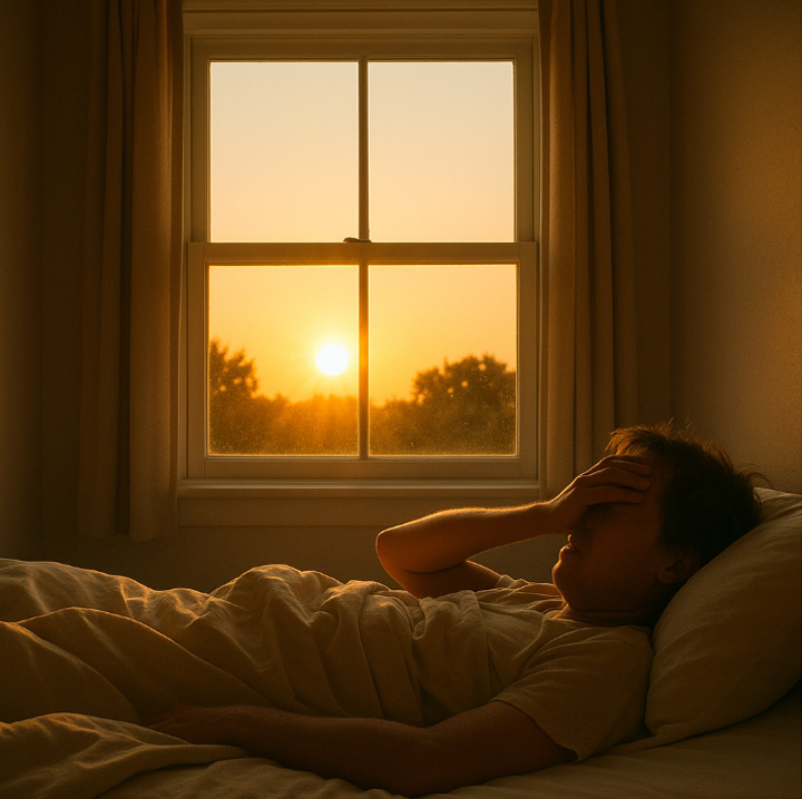 A person lying in bed, shielding their eyes from the warm, golden light of a sunrise streaming through a window overlooking trees.