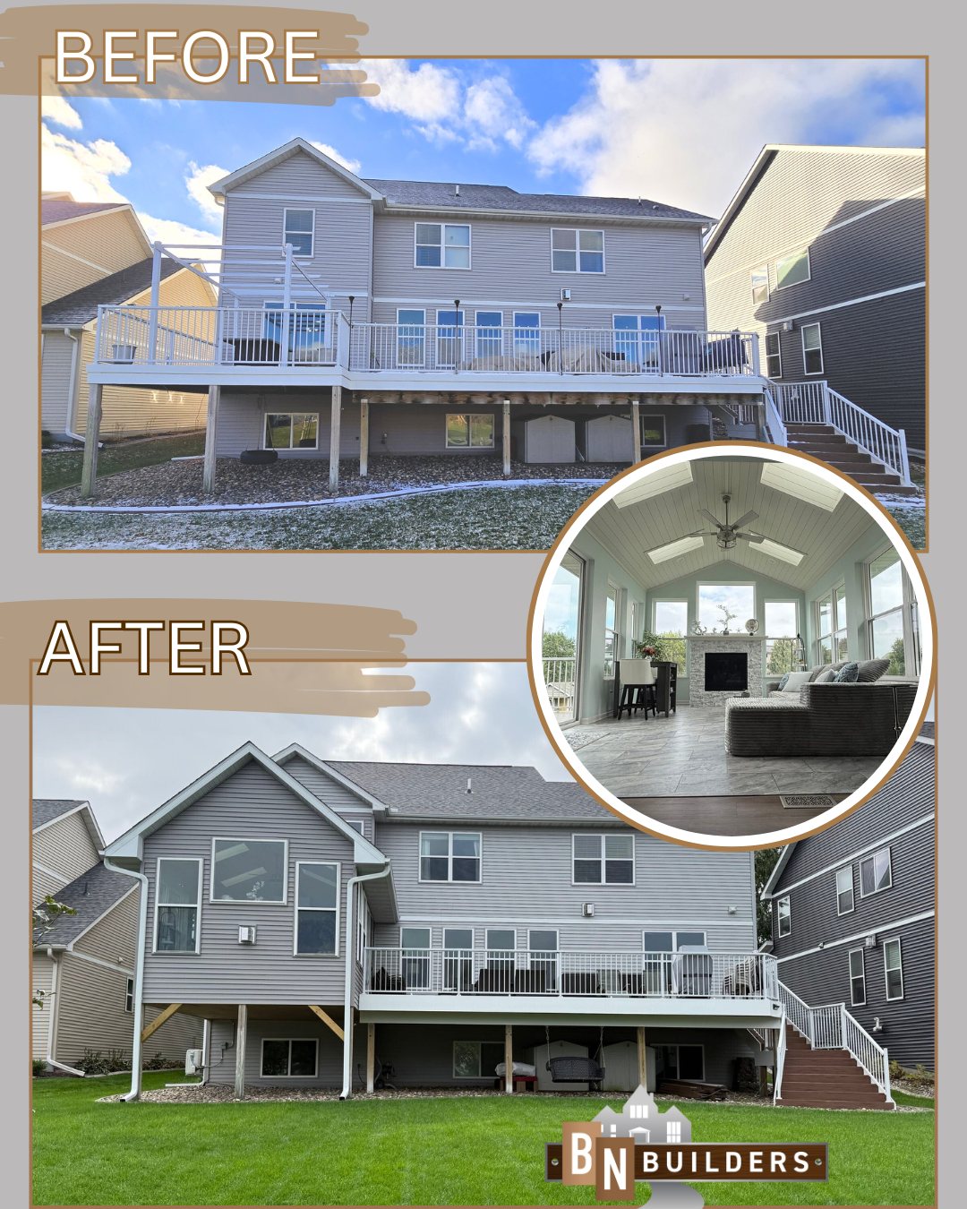 Before and after of a Rosemount, MN home: an open second-story deck converted by BN Builders into a four-season porch addition, with an inset of the finished porch interior