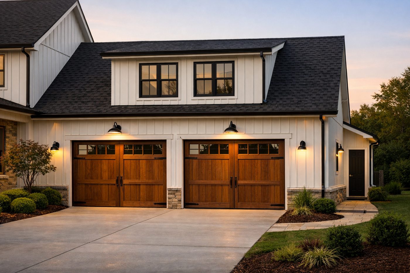 Two-stall attached garage with carriage doors by BN Builders